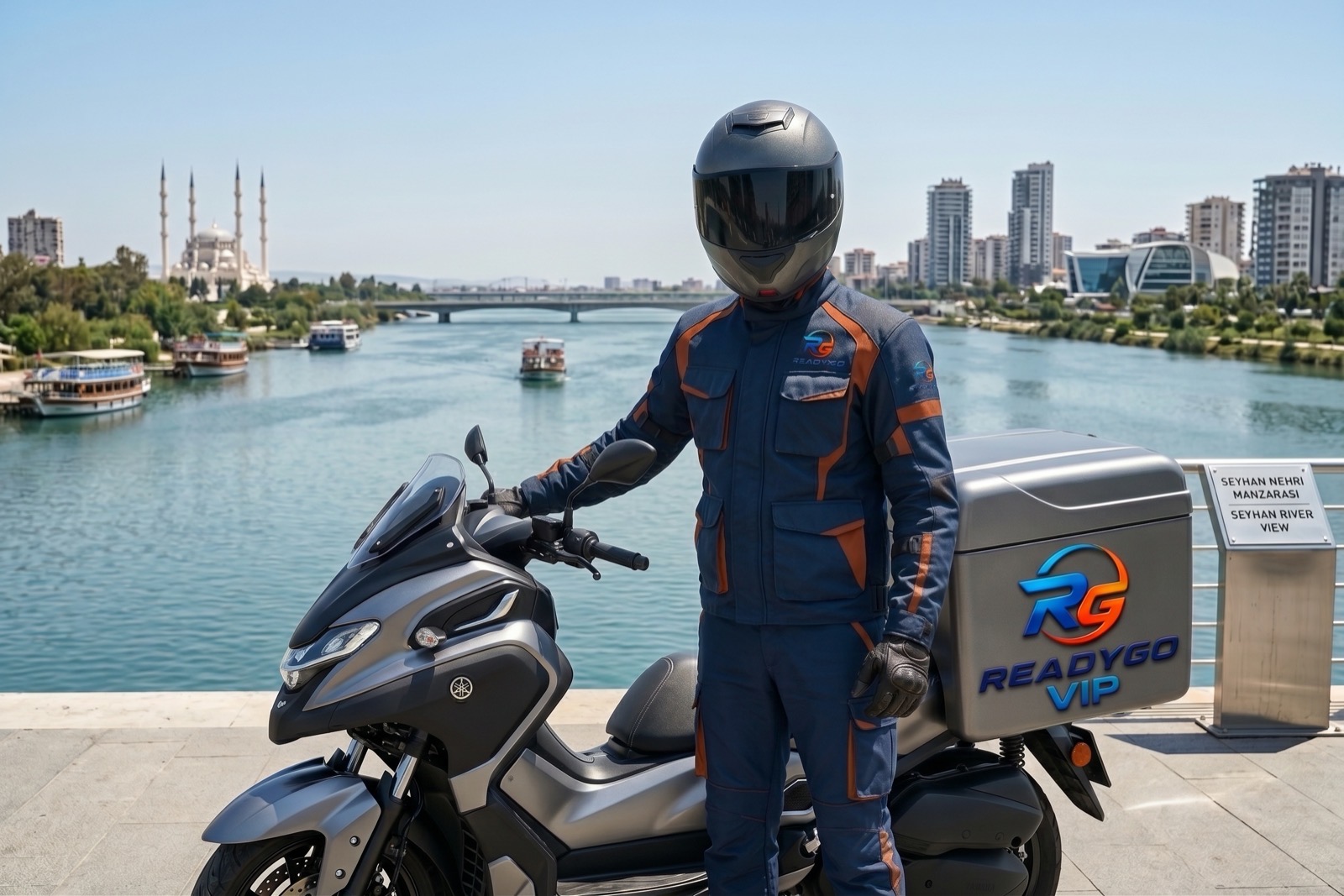 Nehir kıyısında, şehir silüeti önünde motosikletinin yanında duran ReadyGo VIP kuryesi